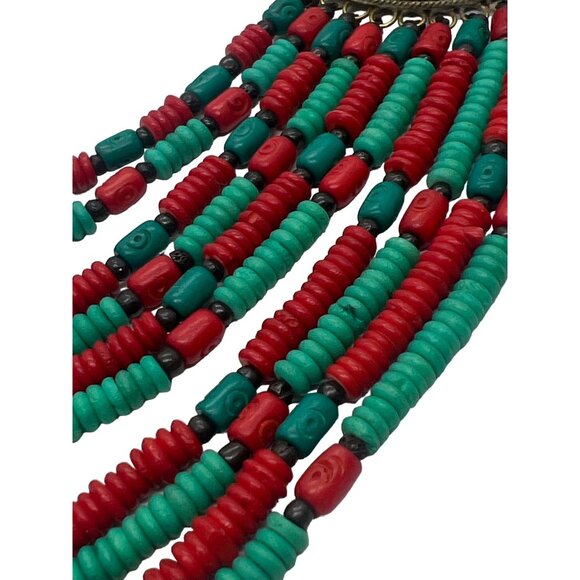 Red Turquoise Resin Bead Brass Necklace Fish Dangle Earrings Tribal Ethnic 20" - Picture 3 of 9